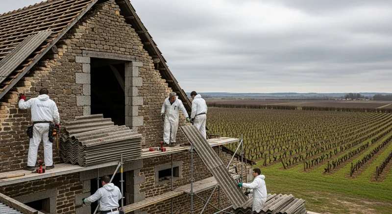Toiture fibrociment sur une grange médocaine, Lesparre-Médoc, secteur de Gorce